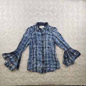 Ryan Michael Button-Up Blouse Womens Small Bell Sleeves Plaid Blue Western